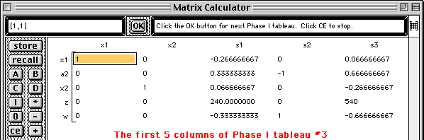 First 5 columns of the Phase I tableau #3